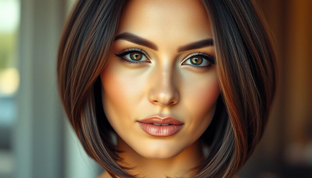 A glamorous celebrity bob haircut in soft natural lighting. Close-up on the face, with the hair styled in smooth, sleek waves. Complementary makeup with a subtle smoky eye and glossy nude lip. The model has an elegant, confident expression, gazing directly at the camera. Crisp details, high-resolution, cinematic quality. Warm, inviting ambiance with a slightly hazy, diffused background that keeps the focus on the subject's striking features and fabulous hairstyle.