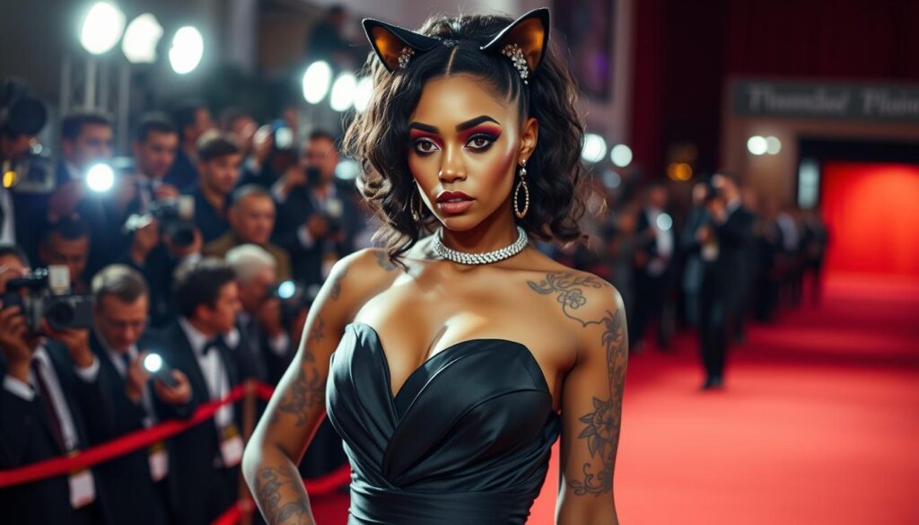 A glamorous red carpet scene featuring Doja Cat, her signature bold makeup, and a striking designer gown. The foreground focuses on Doja's confident pose, her striking facial features, and intricate tattoos that adorn her arms and shoulders. The middle ground showcases the luxurious fabric and silhouette of her couture dress, accentuated by dramatic lighting and a slightly off-center camera angle. The background subtly blurs into a sea of flashing cameras, paparazzi, and a hint of the red carpet itself, creating a sense of energy and occasion. The overall atmosphere is one of high-fashion elegance, artistic expression, and Doja Cat's undeniable star power.