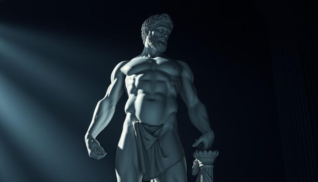A grand, high-contrast classical statue of a powerful, muscular figure set against a dramatic, moody backdrop. The figure strikes an heroic, imposing pose, carved from gleaming white marble. Strong, chiaroscuro lighting accentuates the sculpted details, casting deep shadows and highlights across the form. The statue is framed by a dark, atmospheric environment, with a sense of ancient grandeur and timeless elegance. The overall scene evokes the powerful iconography and symbolic imagery of Greek mythology.