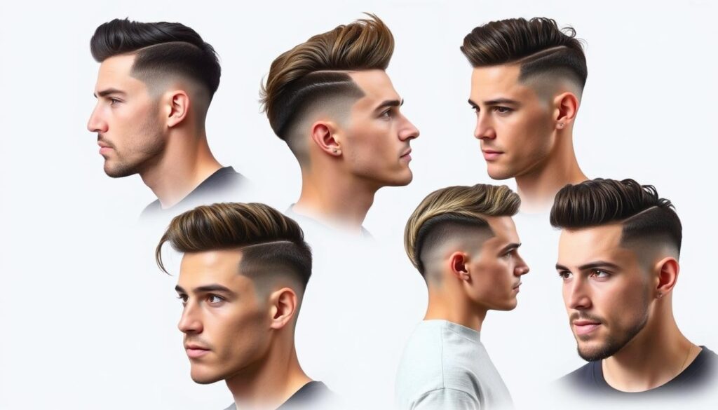 A group of diverse men's hairstyles demonstrating the various types of fade haircuts, set against a clean, minimalist background. The subjects are showcased in a well-lit, studio-like setting, with soft, diffused lighting creating subtle shadows and highlights that accentuate the intricate fade patterns. The hairstyles range from a low fade, mid fade, and high fade, as well as more complex styles like the skin fade and temple fade. Each model exhibits a distinct facial expression, conveying the confidence and stylishness associated with these popular men's haircuts. The overall composition creates a cohesive, visually appealing illustration of the different fade haircut options.