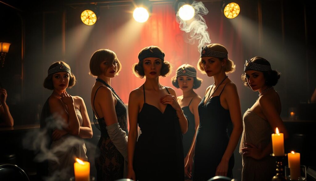 A group of stylish women from the 1920s, their hair styled in the iconic flapper fashion - short, wavy, and adorned with jeweled headpieces. They stand in a dimly lit jazz club, the stage behind them illuminated by a warm spotlight, creating a moody, atmospheric scene. The women's dresses flow elegantly, their posture exuding a sense of bold, newfound freedom. A hazy cloud of cigarette smoke adds to the vintage ambiance, while the soft glow of candles on the tables casts a romantic, golden light across the scene.
