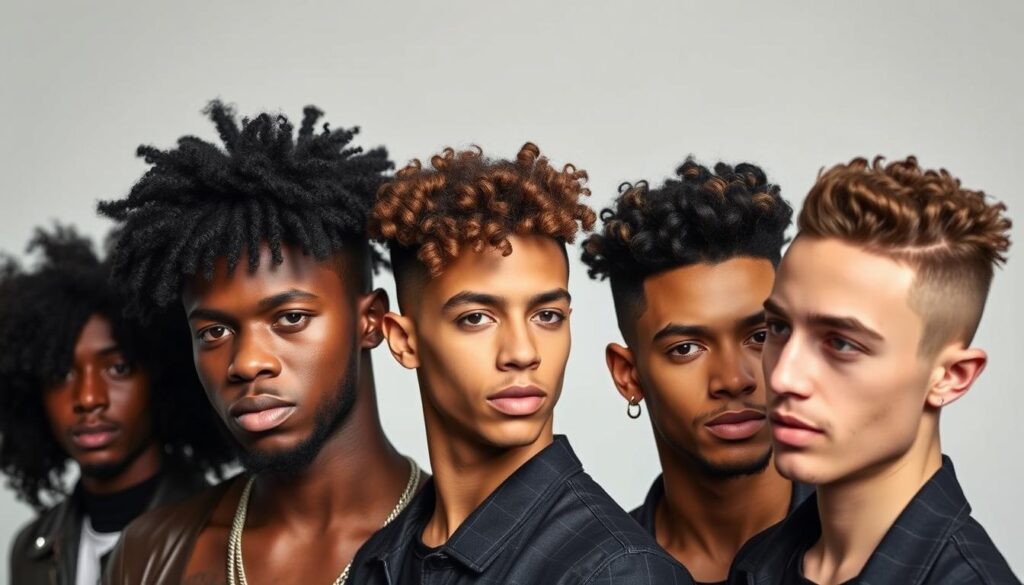 A group of stylish young men with diverse curly hairstyles, shot in a well-lit studio setting with a shallow depth of field. The models have a variety of curl patterns, from tight coils to loose waves, and showcase different lengths and styles, including afros, tapered fades, and textured pompadours. The lighting is soft and flattering, creating dimensional shadows that accentuate the volume and movement of the hair. The models exude confidence and a contemporary, fashion-forward aesthetic, perfectly capturing the essence of the "Curly Hair Cut Men: Trendy Styles to Try Today" theme.
