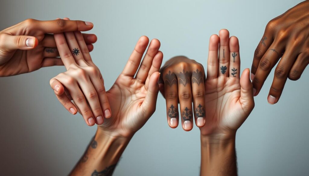 A group of well-manicured male hands, fingers outstretched, revealing intricate tattoo designs. The tattoos feature a mix of minimalist line work, delicate floral motifs, and subtle geometric patterns. The skin tones vary from pale to olive, adding depth and diversity to the scene. Soft, diffused lighting casts gentle shadows, highlighting the contours of the fingers and accentuating the tattoo artistry. The hands are positioned in a natural, relaxed manner, conveying a sense of confidence and self-expression. The background is a neutral, slightly blurred setting, allowing the focus to remain on the captivating finger tattoos.