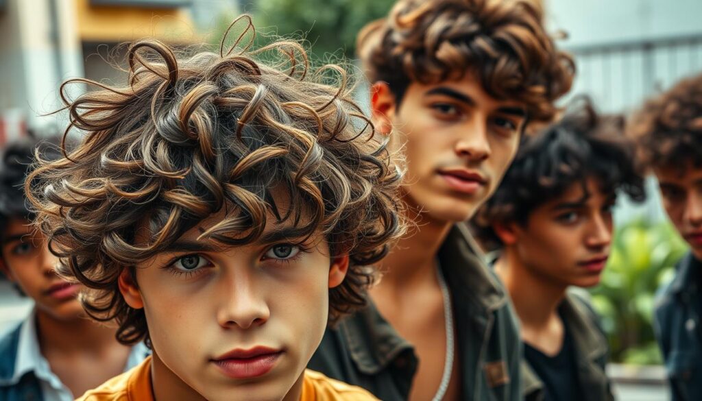 A group of young men with casual, tousled curly hairstyles, captured in a warm, natural lighting. The foreground features a close-up of a model with defined, spiraling curls, styled with a light, airy texture. In the middle ground, several other models showcase a variety of curly hairstyles, from short and cropped to longer, loose waves. The background has a softly blurred urban setting, with a hint of greenery, creating a relaxed, everyday atmosphere. The overall mood is one of effortless, youthful style and confidence.