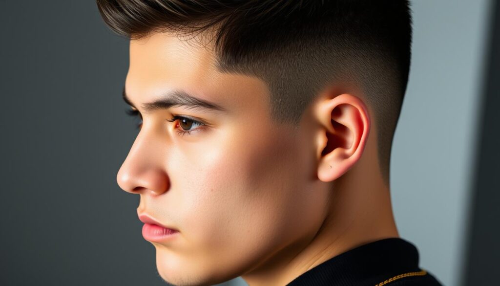 A high-contrast, close-up photograph of a person's head and upper torso, showcasing a well-executed high taper fade hairstyle. The lighting is dramatic, with a key light illuminating the subject's face and a subtle backlight accentuating the contours of the hair. The focus is sharp, capturing the intricate fade lines and textured layers of the haircut in vivid detail. The subject's expression is neutral, allowing the hairstyle to be the primary focus. The background is blurred, creating a clean, minimalist composition that draws the viewer's attention to the skillful execution of the high taper fade.