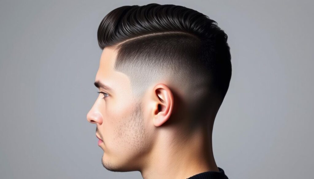 A high-contrast, sharply-defined skin fade haircut, showcased against a neutral background. The fade smoothly transitions from closely-clipped sides to a textured, voluminous top. Crisp lighting accentuates the gradients and lines, with shadows sculpting the contours. The overall aesthetic is sleek, modern, and masculine, capturing the precision and style of this popular men's hairstyle.