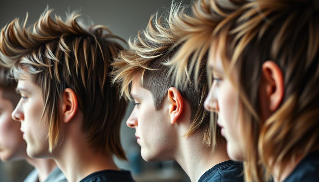 A high-quality close-up photograph of various mullet hairstyles from different angles, showcasing the distinct layers, textures, and shapes of this iconic retro-inspired haircut. The image should have a crisp, well-lit, and visually captivating presentation, highlighting the unique characteristics of each mullet variation - from the classic shaggy, business-in-the-front-party-in-the-back look to the modern, textured take. Capture the essence of the mullet's versatility, allowing the viewer to envision how this hairstyle could be adapted to different face shapes, lengths, and personal styles. Employ a shallow depth of field to create a clean, professional-looking composition that draws the eye towards the intricate details of the hair.