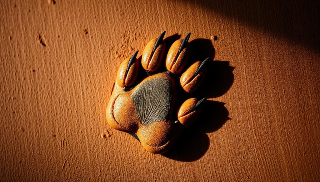 A high-quality, detailed paw print on a textured, natural surface. The paw has distinct, well-defined pads and claws, casting realistic shadows. The background is a warm, earthy tone, perhaps a wooden surface or packed dirt, providing a rustic, storytelling ambiance. Soft, directional lighting illuminates the paw from the side, creating depth and highlights the tactile, three-dimensional quality of the print. The overall mood is one of nostalgia, capturing the essence of a dog's presence and the emotional connection it evokes.