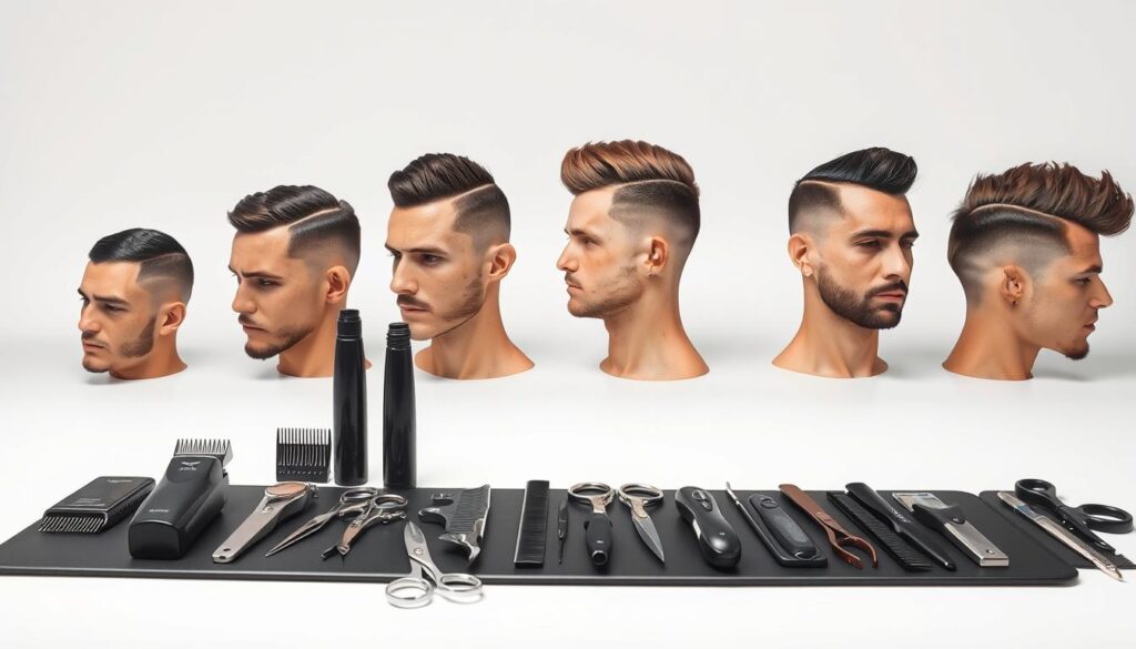 A high-quality, sharp-focus photograph showcasing a diverse array of modern men's haircuts and styling techniques. The foreground features an assortment of clippers, scissors, combs, and other barber tools, neatly arranged on a sleek black surface. In the middle ground, a series of male heads in various stages of trim - from a closely cropped fade to a long, tapered pompadour. The background is a crisp, clean white studio setting, with soft, directional lighting that accentuates the fine details and textures of each hairstyle. The overall tone is professional, elegant, and informative, capturing the artistry and versatility of contemporary barbering.
