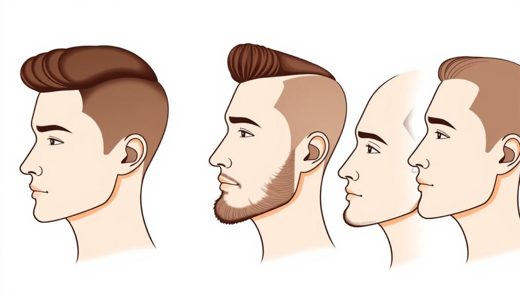 A high-resolution, detailed illustration of five different male face shapes - oval, round, square, heart, and oblong - depicted in a clean, minimalist style with soft lighting and a white background. Each face shape should be shown in profile view, highlighting the distinct features and contours that define that particular facial structure. The illustration should be clean, crisp, and visually appealing, serving as a clear and informative reference guide for the "How to choose a fade for your face shape" section of the article.