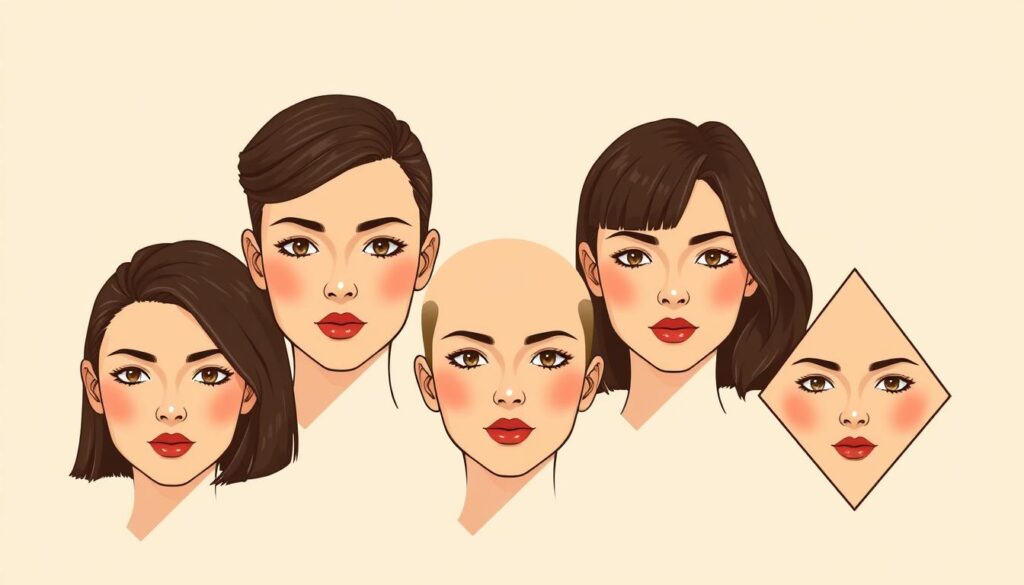 A high-resolution, detailed illustration showcasing the various face shapes - oval, round, square, heart, and diamond - in a clean, minimalist style. The faces are positioned in the foreground, presented in a grid-like arrangement against a soft, muted background. The lighting is warm and natural, with subtle shadows adding depth and dimension to the features. The image has a sleek, editorial aesthetic, suitable for use in a fashion or style guide. The overall composition is balanced and visually appealing, highlighting the diversity of facial structures and the importance of understanding them when selecting the best boyish hairstyles.
