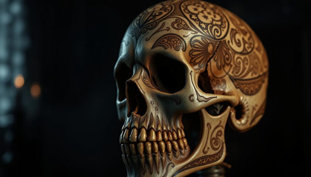 A highly detailed and realistic skull design, showcasing intricate patterns and textures. The skull is positioned in the foreground, with a moody, dramatic lighting creating deep shadows and highlights across the bony features. The background is slightly blurred, allowing the skull to be the focal point, set against a dark, atmospheric environment. The overall aesthetic is a blend of neo-traditional and realism styles, with a touch of gothic undertones, creating a visually striking and captivating image.