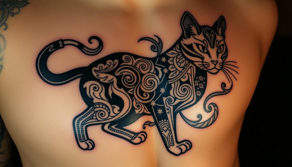A highly detailed, ornamental cat tattoo with intricate Polynesian-inspired patterns and linework. The tattoo features a majestic feline form, with sleek lines and flowing curves that capture the essence of a proud, regal cat. The design is composed of elegant geometric shapes, spirals, and organic motifs that intertwine and flow seamlessly across the skin, creating a mesmerizing visual tapestry. The tattoo is rendered with a bold, high-contrast palette, using a combination of black, gray, and muted earthy tones to give it a timeless, sophisticated look. The lighting is dramatic, casting dramatic shadows and highlights that accentuate the depth and dimension of the tattoo's complex patterns. The overall effect is a visually striking, culturally-inspired tattoo design that celebrates the beauty and power of the feline form.