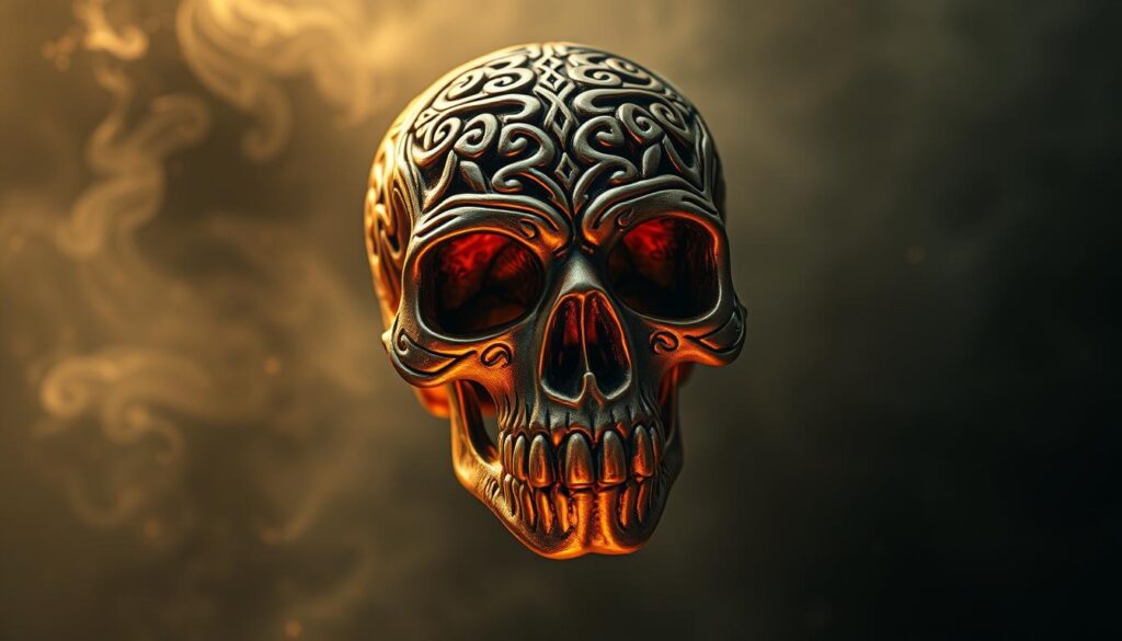 A intricate Celtic skull design, carved with knots, spirals, and interlacing patterns, floating in an ethereal, moody atmosphere. The skull is rendered in a warm, golden tone, with highlights and shadows that accentuate the sharp features and textures. The background is a swirling, misty realm of Celtic symbolism, with subtle hints of ancient runes and mystical energies. Captured with a wide-angle lens, the composition draws the viewer's gaze into the depths of this enigmatic, otherworldly artifact, evoking a sense of deep wisdom and spiritual connection.