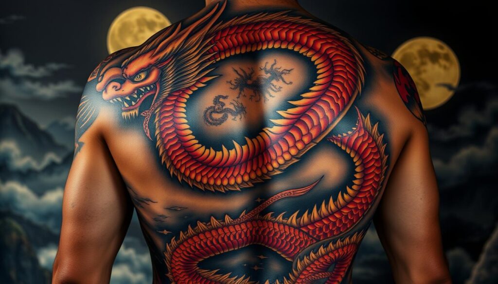 A large, ornate Japanese-style tattoo covering a person's back, depicting a majestic dragon in shades of crimson, gold, and ebony. The dragon's sinuous form coils around the body, its scales gleaming under dramatic lighting, casting dramatic shadows. The background features mist-shrouded mountains and a full moon, creating an atmosphere of mysticism and power. The tattoo is expertly executed, with intricate line work and shading, showcasing the skill and artistry of the tattoo artist.