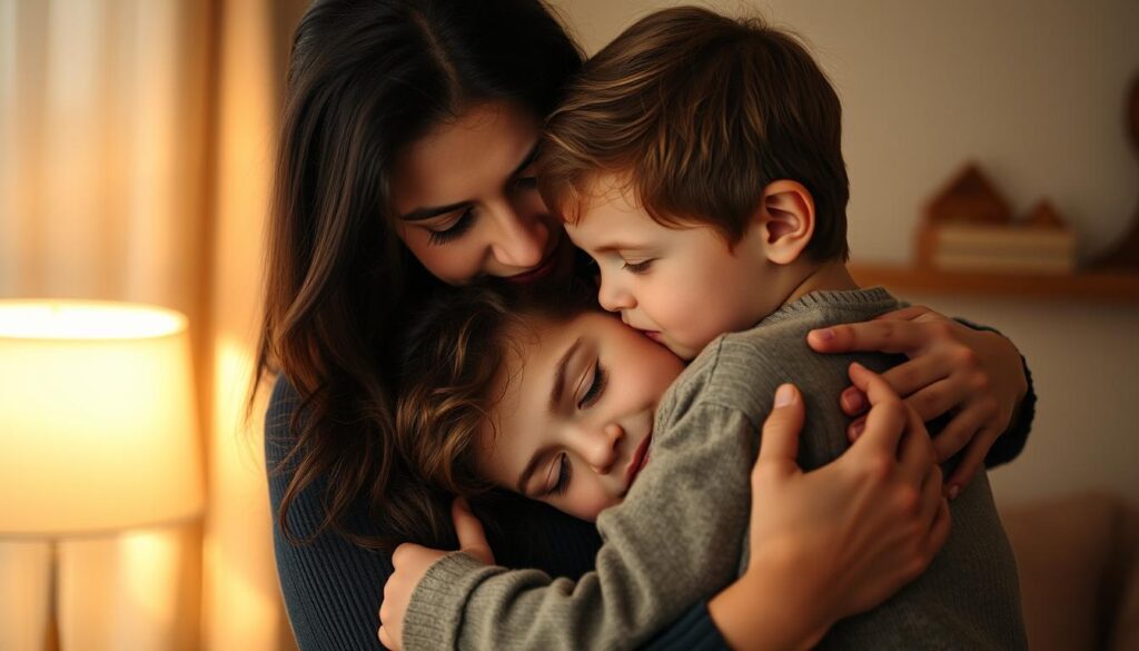 A loving, intimate portrait of a mother and her son. The scene depicts the two figures in a warm, gentle embrace, their bodies intertwined in a tender moment of connection. The mother's expression is one of deep affection, her eyes gazing softly at her child. The son leans into her, his face nuzzled against her neck, conveying a sense of security and comfort. The lighting is soft and diffused, casting a cozy, atmospheric glow that enhances the emotional intimacy of the scene. The background is subtly blurred, keeping the focus on the central figures and their meaningful bond. The overall mood is one of profound love, care, and the unbreakable connection between a mother and her child.