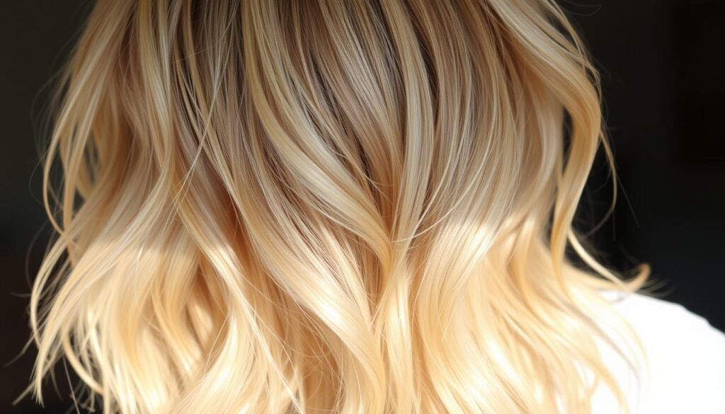 A low-maintenance blonde with effortless, dimensional waves. Soft natural lighting filters through the strands, creating a luminous, glowing effect. The hair texture is glossy and healthy, with visible highlights and lowlights that add depth and movement. The angle is slightly elevated, showcasing the voluminous, layered cut that frames the face perfectly. The overall aesthetic is chic, polished, and elevated, yet maintains an undone, casual vibe that is easy to replicate.
