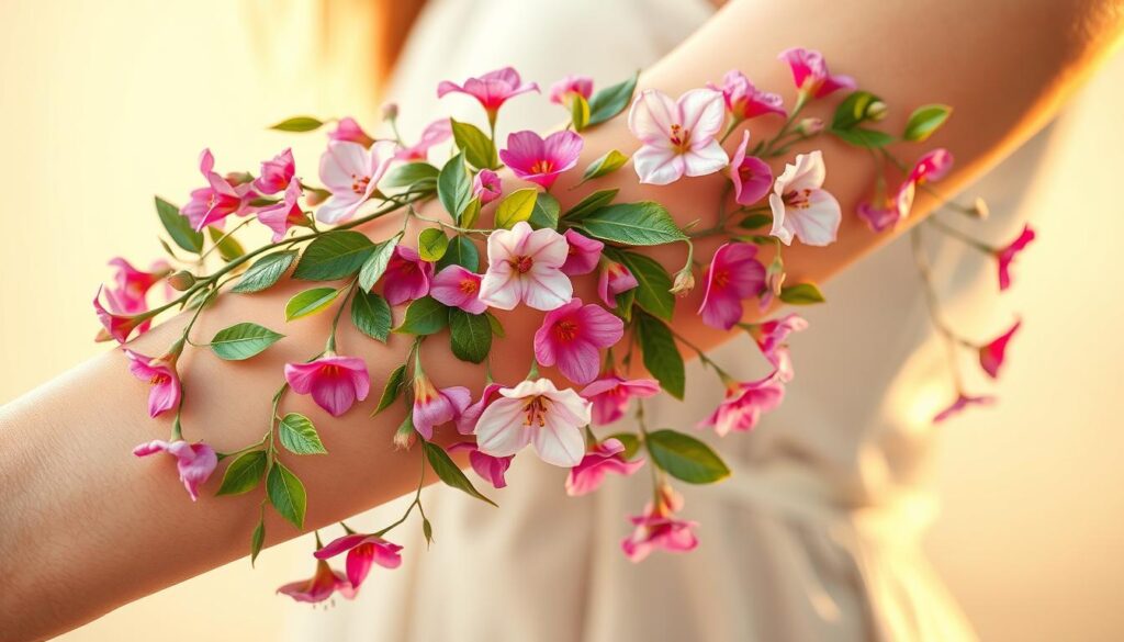 A lush, cascading floral vine wraps gracefully around a feminine arm, its delicate petals and leaves unfurling in a vibrant display of nature's artistry. The design features a harmonious blend of vibrant, saturated colors, with a focus on soft pinks, purples, and greens that evoke a sense of growth and vitality. The composition is expertly balanced, with the florals flowing organically along the contours of the arm, creating a sense of movement and fluidity. The lighting is soft and diffused, casting a warm, romantic glow that enhances the natural beauty of the design. The overall mood is one of delicate elegance and natural femininity, perfectly suited to adorn the canvas of a woman's arm.