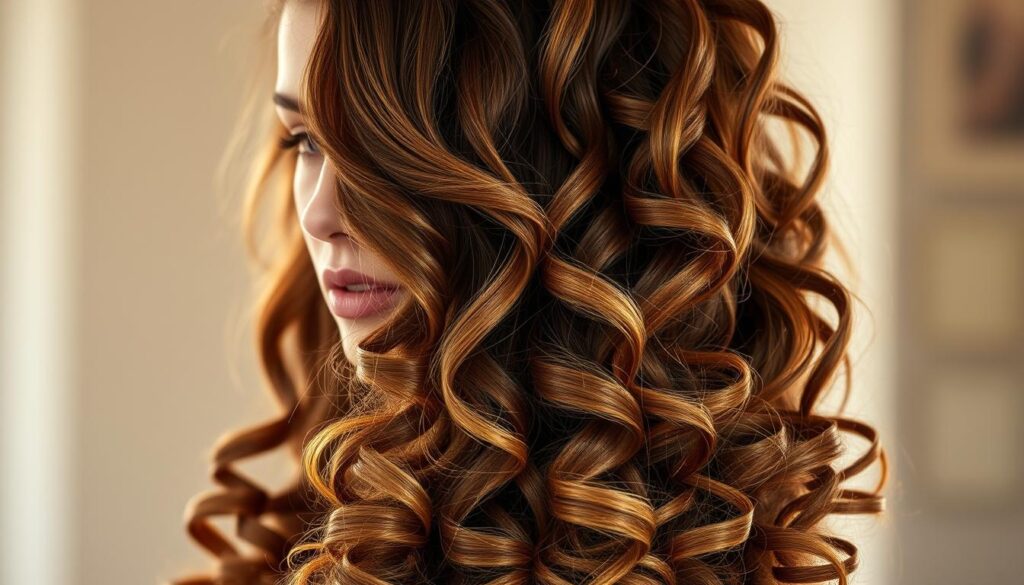 A lush, elegant hairstyle with long, flowing curls cascading down the model's shoulders. Soft, diffused lighting casts a warm, natural glow, accentuating the natural texture and sheen of the hair. The model's face is partially obscured, drawing the viewer's attention to the striking, voluminous curls. The background is blurred, creating a sense of focus and depth, showcasing the intricate details of the hairstyle. The overall mood is one of effortless beauty and embracing the natural curl pattern.
