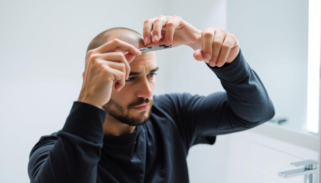 A man standing in a well-lit bathroom, holding a sharp razor as he carefully shaves his head. The scene is captured from a slightly elevated angle, highlighting the concentration on his face and the precision of his movements. The background is clean and minimalist, with a white tile wall and a chrome sink basin, emphasizing the focus on the task at hand. The lighting is soft and diffused, creating subtle shadows that accentuate the contours of his scalp. The overall mood is one of purposeful grooming, reflecting the step-by-step guide for maintaining a shaved head.