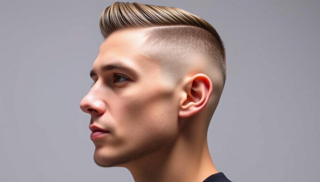 A man with a high taper fade hairstyle, captured in a well-lit studio setting. The subject's face is angled slightly to the side, showcasing the clean lines and gradual taper from the top of the head to the lower sides and back. The lighting accentuates the texture and depth of the hairstyle, creating a sharp, polished appearance. The background is a plain, neutral tone, allowing the focus to remain on the intricate details of the haircut. The subject's expression is neutral, conveying a sense of confidence and sophistication. This image captures the essence of a high taper fade, highlighting its versatility and suitability for various facial shapes and hair types.