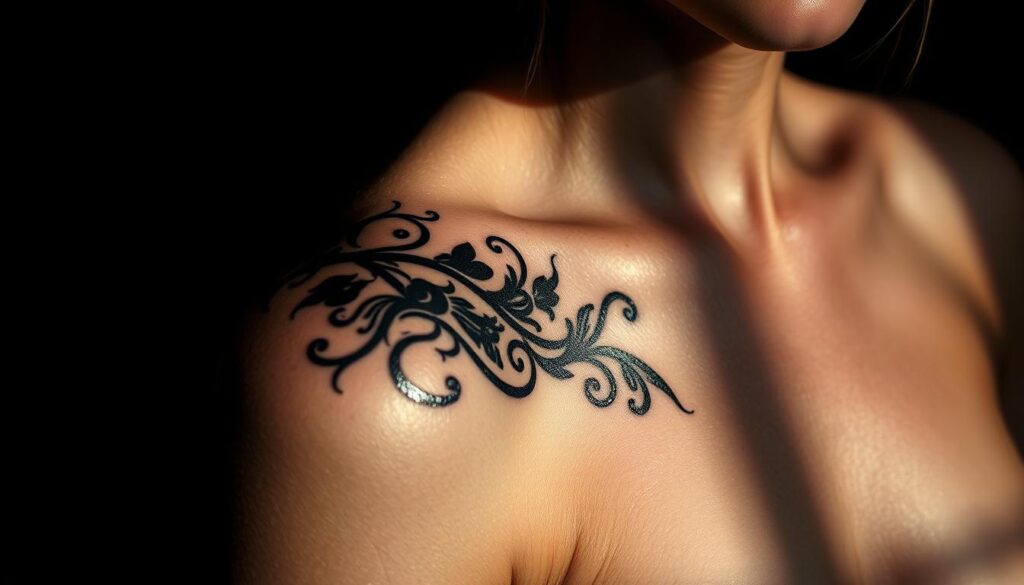A matte-black tattoo design that shimmers with a subtle metallic sheen, etched onto the skin with precision and artistry. The tattoo's intricate patterns cast intricate shadows, creating a captivating visual depth. Lit by a moody, dramatic chiaroscuro lighting, the tattoo appears to almost float off the skin, its dark tones contrasting against the model's pale complexion. The camera captures the tattoo from a medium angle, showcasing its bold, minimalist beauty in a way that both highlights its artistry and evokes a sense of mystery and sophistication.