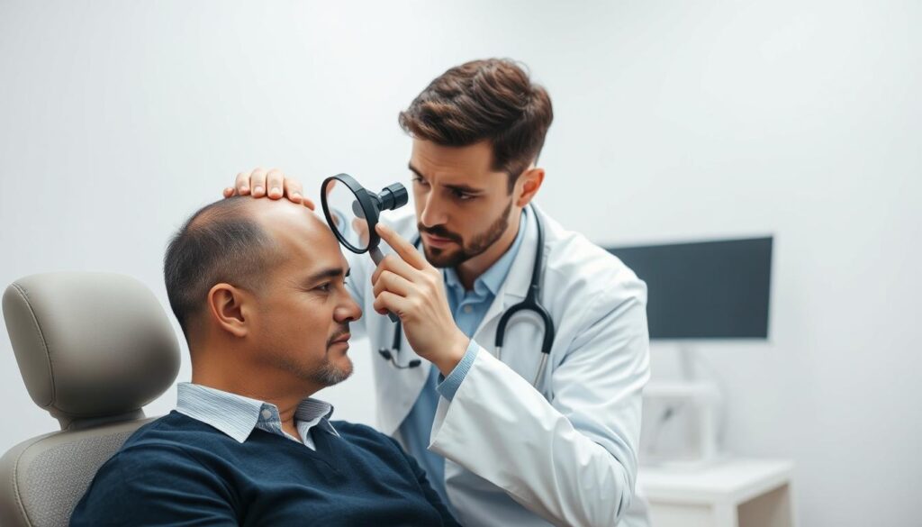A medical professional conducting a thorough scalp examination in a well-lit, clinical setting. The patient is sitting comfortably as the doctor uses a magnifying glass and gentle palpation to inspect the scalp, searching for any signs of underlying conditions contributing to hair loss. The doctor's expression is focused and attentive, while the patient appears calm and cooperative. The scene is captured from a slightly elevated angle, providing a clear view of the examination process. The lighting is soft and diffused, creating an atmosphere of professionalism and care.