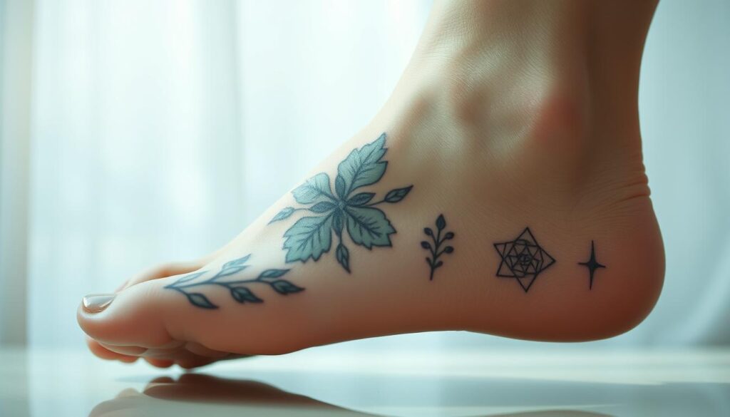 A mesmerizing close-up shot of various foot tattoo designs against a softly blurred background. The tattoos feature intricate floral patterns, delicate line work, and minimalist geometric shapes in a soothing color palette of muted blues, greens, and warm neutrals. Subtle highlights and shadows accentuate the contours of the foot, creating a sense of depth and dimension. The overall composition is balanced, with the tattoos taking center stage, inspiring viewers to consider unique and personalized ink for their own feet.
