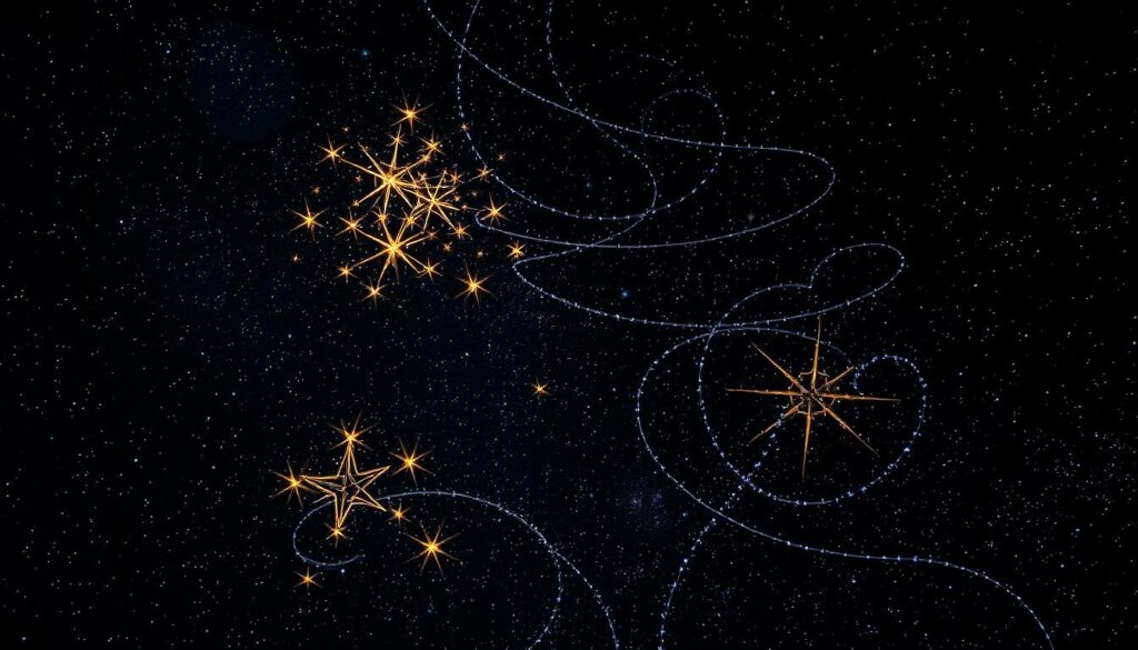 A mesmerizing night sky filled with a dazzling array of stars, arranged in captivating celestial designs. The foreground features a cluster of luminous stars shimmering with a soft, warm glow, creating intricate patterns that beckon the viewer. In the middle ground, delicate swirls of stardust dance across the inky black canvas, adding depth and movement to the scene. The background is a deep, velvety expanse punctuated by the twinkling of distant suns, their light creating a sense of endless wonder and enchantment. Captured with a wide-angle lens and natural lighting, this image evokes a sense of awe and magic, perfect for highlighting the beauty and allure of custom glitter tattoo designs.