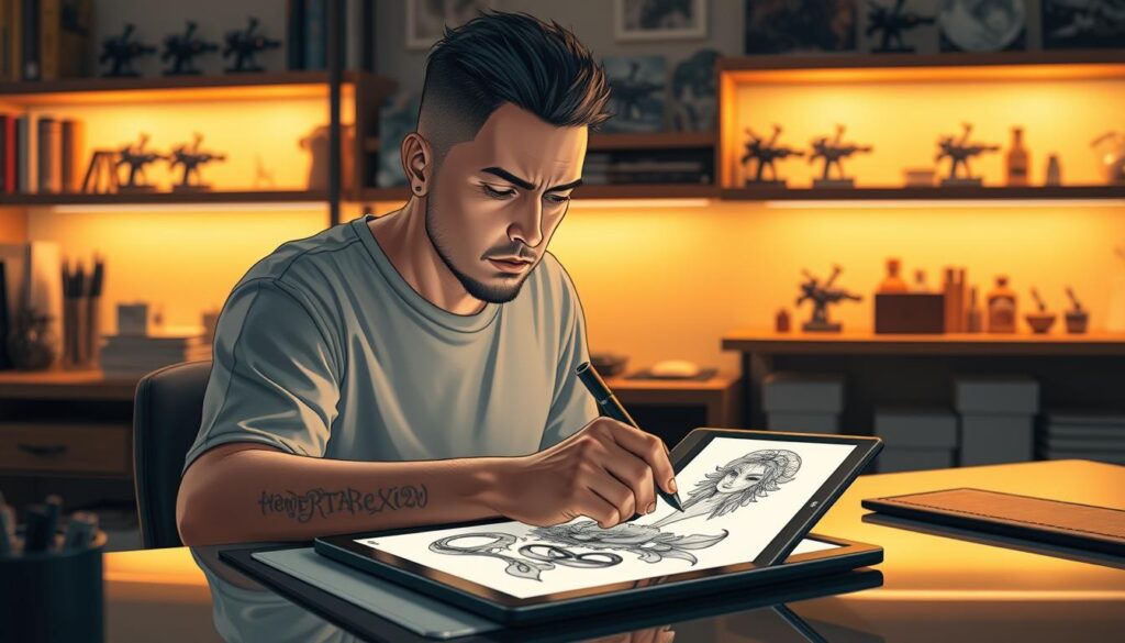 A meticulous anime tattoo artist sits at their workstation, meticulously sketching a detailed design on a tablet. The workspace is bathed in a warm, soft light, creating a calming atmosphere. The artist's face is focused, their brow furrowed in concentration as they refine every line and curve. In the background, shelves display an array of tattoo machines, inks, and reference materials, hinting at the artist's expertise and dedication. The overall scene conveys a sense of quiet professionalism, as the artist contemplates the perfect design to bring the client's anime-inspired tattoo vision to life.