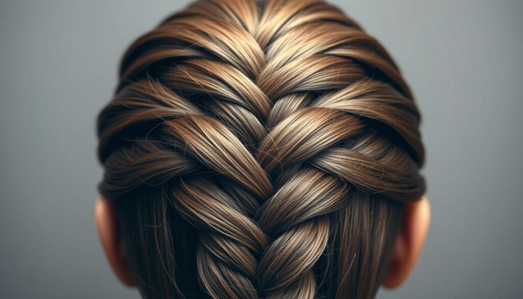 A meticulously braided Dutch hairstyle, with strands elegantly woven in a symmetrical, three-dimensional pattern. The hair is lustrous, with a natural, healthy shine, illuminated by soft, diffused lighting that casts gentle shadows, emphasizing the intricate braid structure. The composition is centered, allowing the braid to be the primary focus, against a subtly blurred, neutral background that does not distract from the intricate hairstyle. The overall mood is one of refined, understated elegance, showcasing the beauty and craftsmanship of this classic hair styling technique.