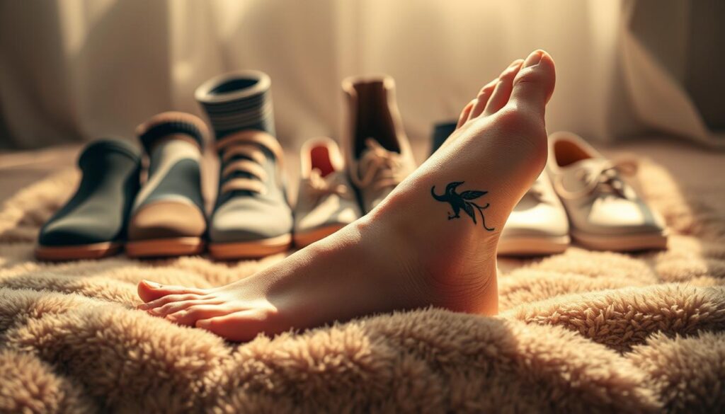 A meticulously composed scene of a human foot, adorned with an intricate ankle tattoo, resting on a soft, plush surface. The foot is showcased in the foreground, bathed in warm, natural lighting that accentuates the delicate linework and vibrant colors of the tattoo design. In the middle ground, a selection of comfortable, stylish footwear, including socks and low-cut shoes, subtly hint at the versatility of the tattoo placement. The background is hazy and blurred, creating a sense of focus and emphasis on the central subject. The overall mood is one of relaxation, comfort, and the celebration of personal expression through body art.