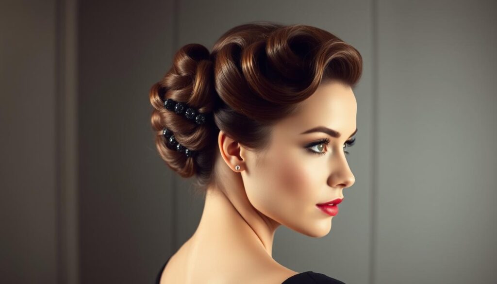 A meticulously styled 1940s-inspired hairstyle, neatly coiffed and perfectly in place. The model, facing the camera with an elegant poise, showcases the intricate details of the hairdo - softly waved locks, precisely pinned curls, and a sleek, polished finish. The lighting is soft and flattering, accentuating the glossy sheen of the hair and the model's porcelain complexion. The background is a timeless, minimalist setting, allowing the focus to remain solely on the impeccable hairstyle. An air of vintage glamour and effortless sophistication permeates the scene, capturing the essence of the 1940s aesthetic.