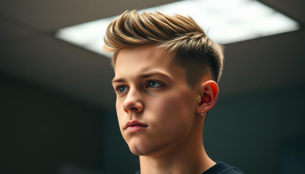 A meticulously styled Edgar haircut, neatly trimmed and gelled, showcasing its distinct textures and contours. The subject's stern expression conveys a sense of restraint, as they navigate the school's strict dress code policies. Soft, diffused lighting from an overhead source casts subtle shadows, accentuating the defined features. The background is blurred, maintaining the focus on the haircut and the subject's pensive demeanor, suggesting the challenges of adhering to school rules while embracing the latest men's hairstyle trend.
