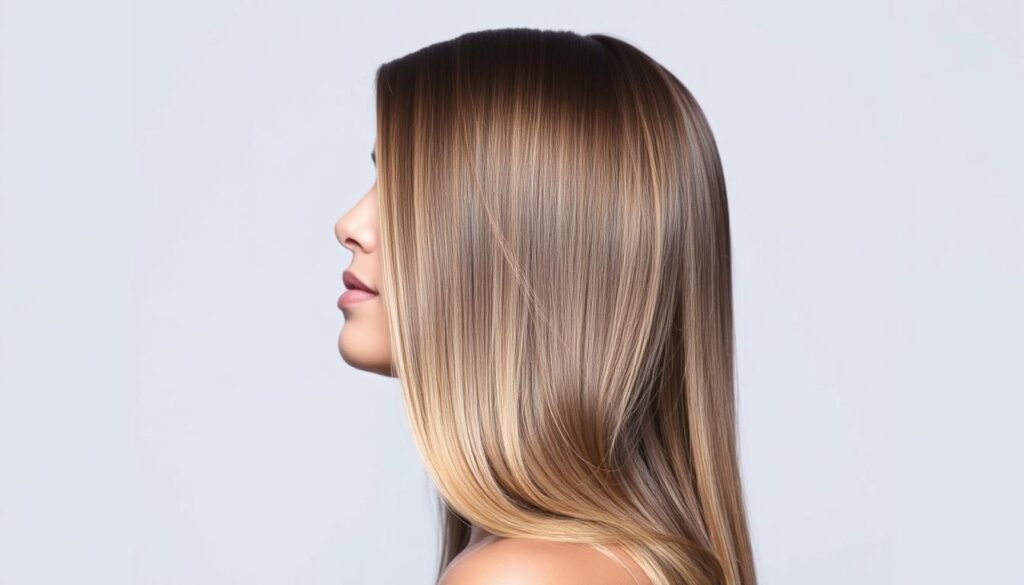 A meticulously styled, medium-length hairstyle with sleek, straight locks cascading effortlessly. The subject's head is tilted slightly, accentuating the clean lines and smooth flow of the hair. Soft, diffused lighting from the side casts gentle shadows, highlighting the hair's silky texture and movement. The background is a minimalist, neutral setting, allowing the focal point - the impeccably groomed, straight hairstyle - to take center stage. An air of confidence and sophistication emanates from the subject, embodying the essence of the "Straight Hair Wins" trend.