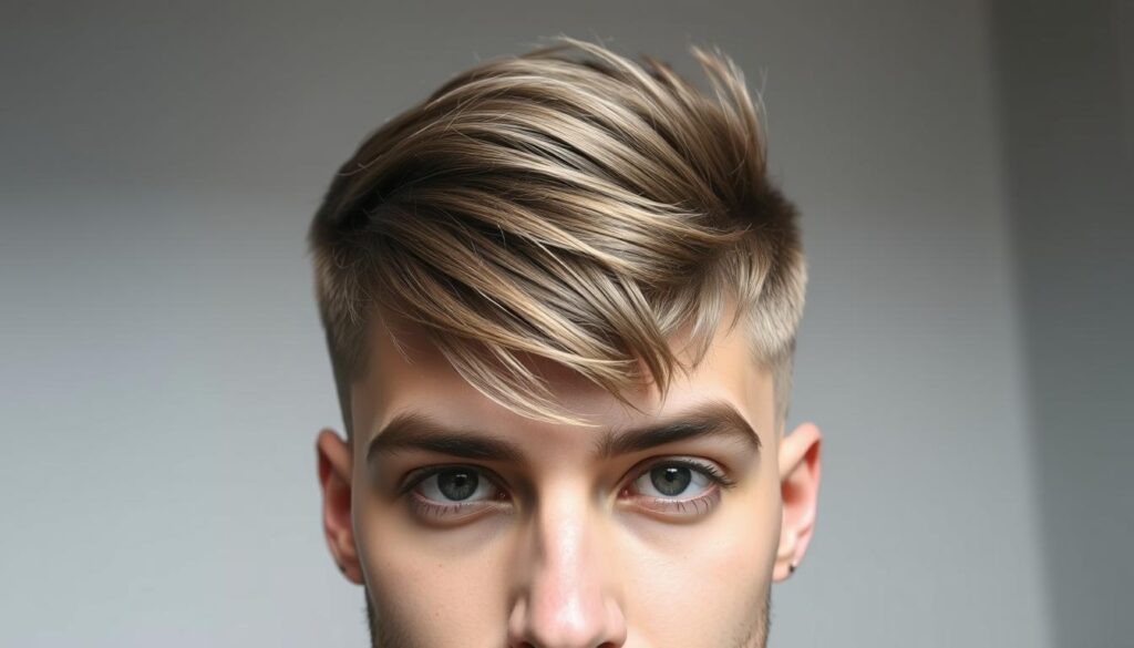A mid fade haircut showcased against a minimalist backdrop. Close-up shot highlighting the gradual tapering from short to long hair, with distinct faded sections blending seamlessly. The subject's face is in sharp focus, emphasizing the flattering framing and how the cut complements their facial features. Soft, diffused lighting creates depth and dimension, accentuating the texture and layers of the hairstyle. The overall mood is sophisticated yet modern, reflecting the timeless appeal of the mid fade as a versatile men's cut.