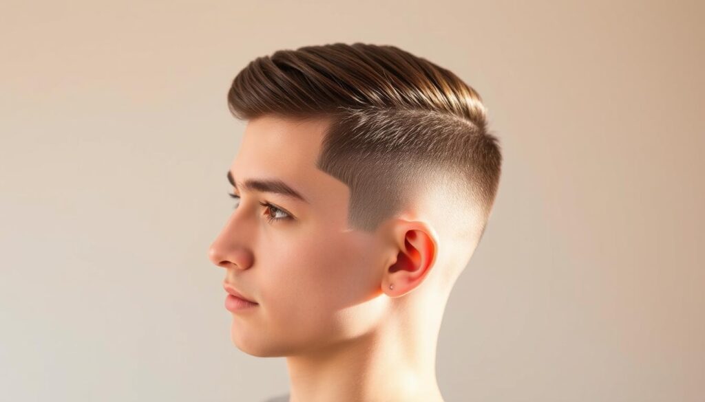 A mid fade haircut with clean, precise lines gradually blending from short on the sides to longer on top. The subject's head is angled slightly to the left, highlighting the fade's smooth transition. Warm, natural lighting casts soft shadows, emphasizing the textured, tapered appearance. The background is a simple, uncluttered studio setting, allowing the haircut to be the focal point. The overall mood is modern, stylish, and well-groomed, capturing the essence of a contemporary men's mid fade hairstyle.