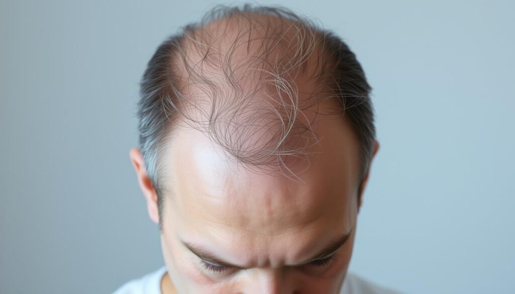 A middle-aged man with pronounced thinning hair and a receding hairline, the telltale signs of male pattern baldness. His scalp is visible through the sparse strands of hair, creating a distinct pattern of hair loss. The lighting is soft and directional, casting subtle shadows that accentuate the textural details of his scalp. The image is captured in a neutral, clinical setting, with a plain background that allows the subject's features to take center stage. The mood is one of introspection, as the man contemplates his changing appearance and the implications it may have on his self-image and confidence.