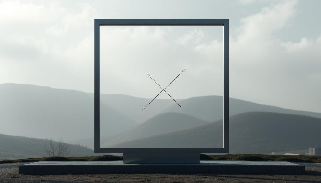 A minimalist memorial sculpture set against a serene, muted landscape. In the foreground, a sleek stainless steel frame houses a pair of intersecting coordinates, etched in a subtle brushed finish. The coordinates are arranged in a simple, elegant display, creating a powerful yet understated representation of a specific time and place. The frame is positioned atop a low pedestal, allowing the piece to cast a soft, contemplative shadow on the ground below. The background features a gently rolling hillside, with muted tones of green and gray creating a calming, introspective atmosphere. Soft, diffused lighting filters through wispy clouds, imbuing the scene with a sense of tranquility and reverence.