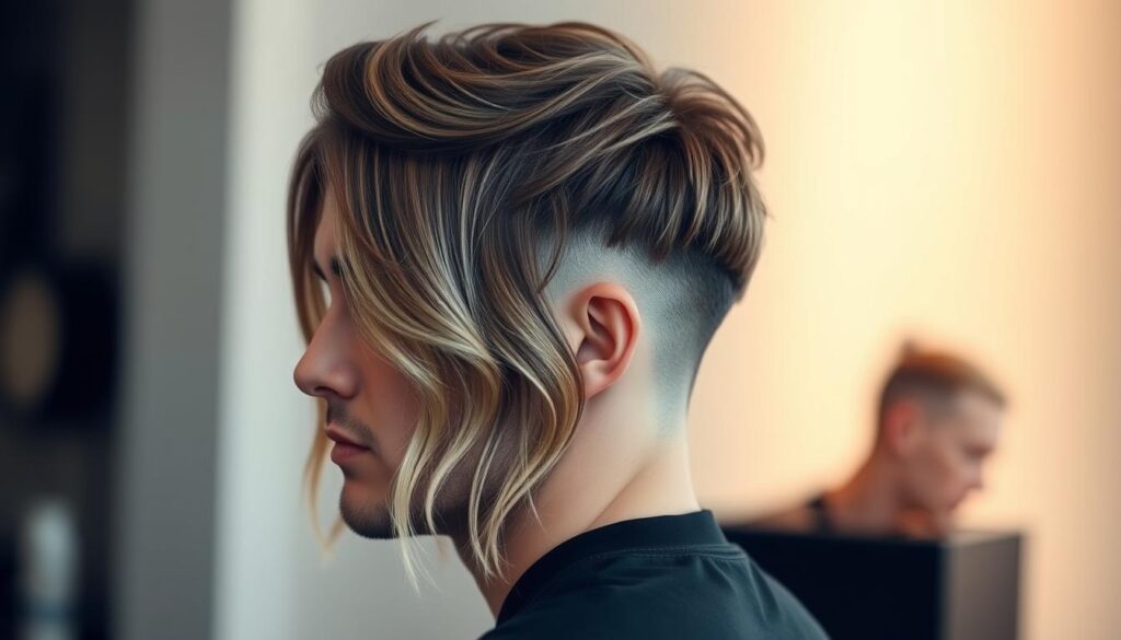A modern mullet with a tapered fade, showcasing a sleek and stylish silhouette. The hair falls in soft, layered waves, with the longer top sections framing the face in a stylish, textured manner. The fade gradually blends from the sides and back, creating a clean, well-groomed appearance. Subtle highlights add dimension and depth, while the lighting casts a warm, natural glow, emphasizing the smooth transition between the lengths. The overall aesthetic is polished and effortless, reflecting the contemporary interpretation of this iconic hairstyle.
