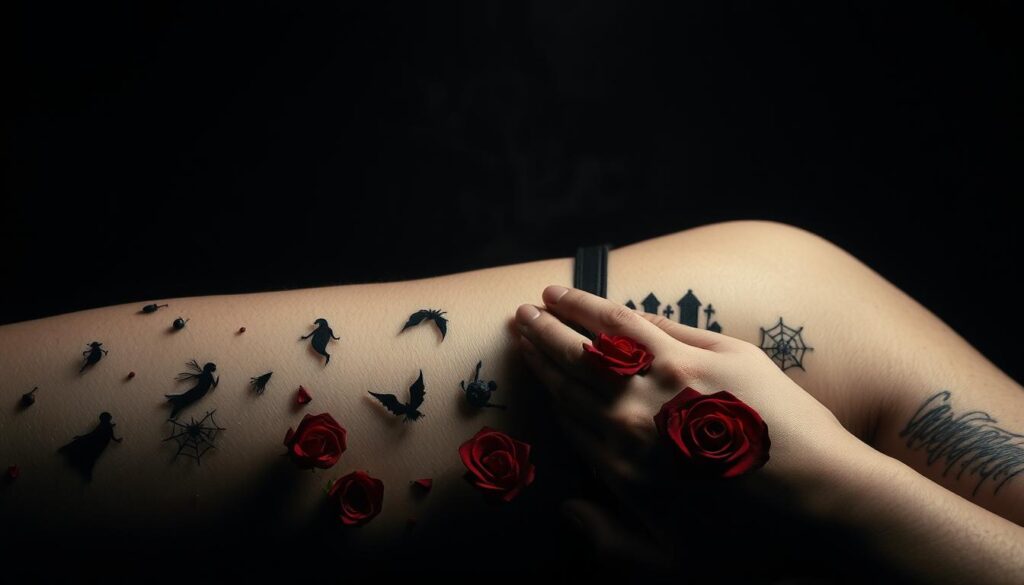A moody and atmospheric still life scene capturing various Halloween-themed tattoo placement ideas. In the foreground, a collection of tiny ghostly silhouettes, blood-red roses, and delicate spider web motifs drift across pale skin. In the middle ground, larger haunting designs like full-sleeve hauntings and spooky cemetery scenes emerge, cast in dramatic chiaroscuro lighting. The background fades into inky shadows, suggesting the infinite possibilities of the haunted canvas. The overall mood is one of mystery, macabre elegance, and a touch of the supernatural.