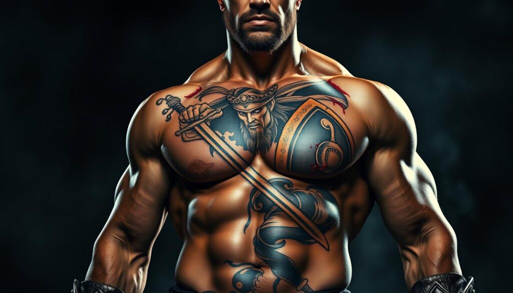 A muscular, battle-hardened warrior stands tall, his chiseled physique adorned with an intricate tattoo of the Greek god Ares. The tattoo depicts Ares in all his fierce glory, wielding a bloodied sword and shield, his eyes burning with the intensity of a thousand battles. The tattoo's bold lines and vivid colors create a striking contrast against the warrior's tanned skin, conveying the raw power and unwavering spirit of the god of war. Dramatic lighting casts dramatic shadows, accentuating the tattoo's depth and texture, while a moody, atmospheric background evokes the chaos and adrenaline of the battlefield. This is a tattoo that embodies the indomitable spirit of Ares, a symbol of the warrior's unbreakable courage and unrelenting determination.