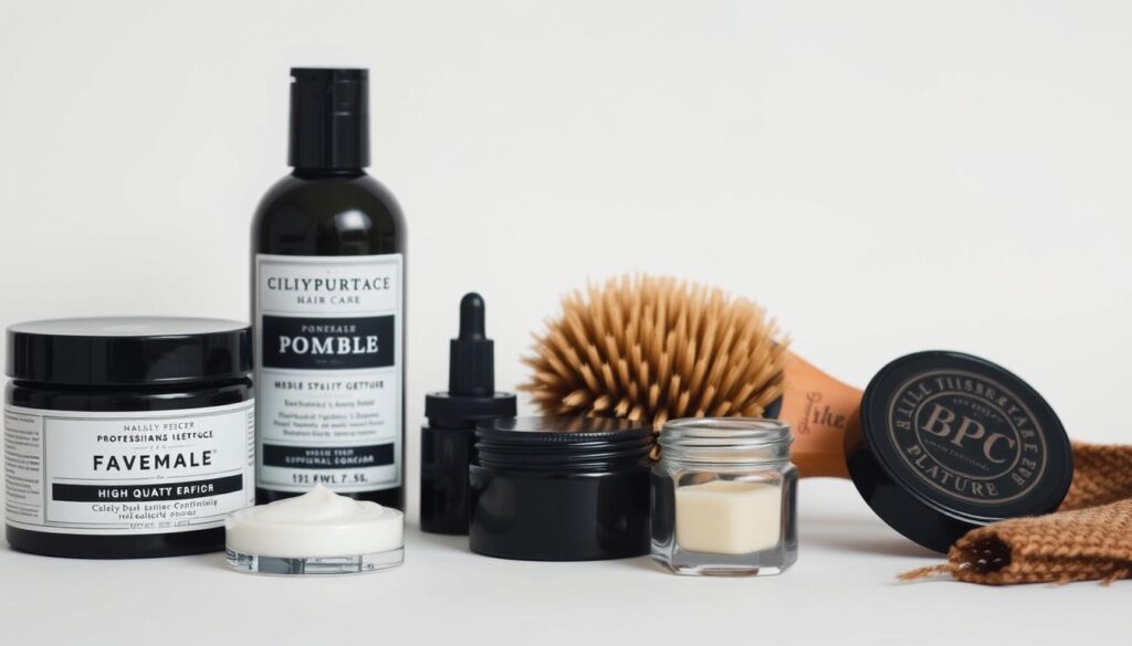 A neatly arranged assortment of professional hair care products, including a high-quality pomade, a bristle brush, and a small glass jar filled with a styling wax or paste. The products are photographed against a clean, neutral background with soft, even lighting, creating a minimalist and high-quality aesthetic. The focus is on the textures and materials of the products, highlighting their tactile qualities and the potential for creating natural, voluminous hairstyles. The image conveys a sense of premium quality and attention to detail, perfectly suited to illustrate a section on the best products for achieving the desired texture in a burst fade haircut.