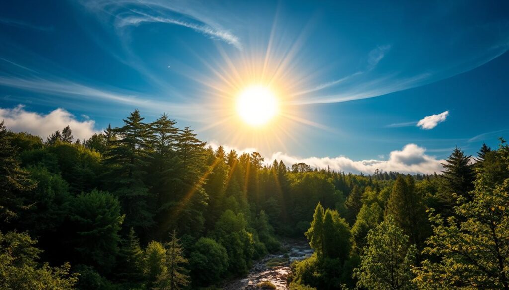 A peaceful, serene landscape with a captivating celestial design. In the foreground, a lush, verdant forest with towering trees and a meandering stream. In the middle ground, a majestic sun and moon, their radiant light blending harmoniously. The sun's golden rays illuminate the scene, casting a warm, inviting glow. The moon, with its ethereal, silvery hue, casts a soft, serene light, creating a dreamlike atmosphere. In the background, wispy clouds drift across a deep blue sky, adding depth and texture to the composition. The overall mood is one of natural harmony, inviting the viewer to find inspiration in the beauty of the natural world and the celestial realm.