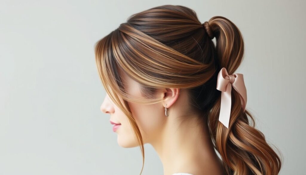 A perfectly styled half-up ponytail, with soft, wavy tendrils framing the face. The hair is shiny and healthy, secured with an elegant, ribbon-like tie that blends seamlessly with the style. Lighting is natural and diffused, casting a warm, flattering glow on the model's features. The background is a softly blurred, neutral palette, allowing the hairstyle to be the focal point. The overall mood is effortless, chic, and versatile - a look that transitions easily from day to night.