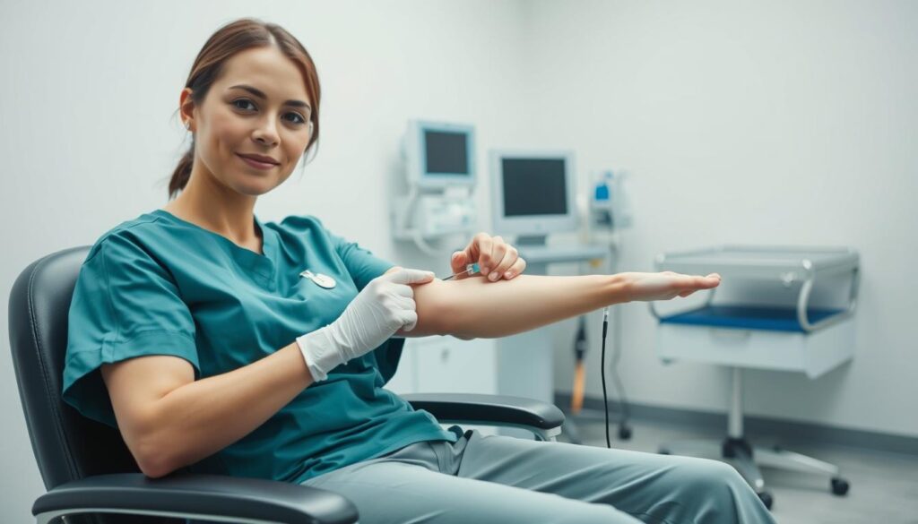 A person sitting comfortably in a medical chair, their arm extended as a nurse inserts a sterile needle to draw blood. The foreground is well-lit with soft, diffused lighting, highlighting the nurse's focused expression and the donor's calm demeanor. The middle ground features medical equipment and supplies neatly arranged, conveying a sense of professionalism and safety. The background blends into a clean, neutral environment, allowing the viewer to focus on the act of blood donation. The overall scene radiates a sense of care, trust, and the importance of this lifesaving procedure.