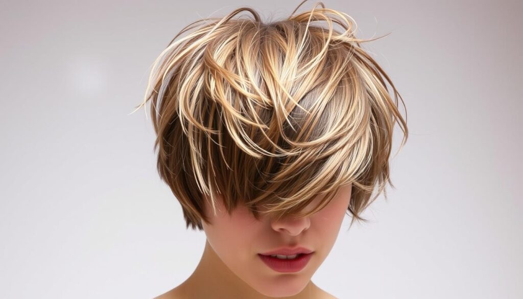 A person with short, stylishly messy hair, standing in a well-lit studio setting. The hair has a tousled, effortless appearance, with subtle highlights and lowlights creating depth and dimension. The subject's face is partially obscured, suggesting a quick, candid capture. The lighting is soft and flattering, with a slight rim light outlining the figure. The background is a plain, neutral tone, allowing the hairstyle to be the focal point. The overall impression is one of a quick, casual "on-the-go" look that can be easily achieved.