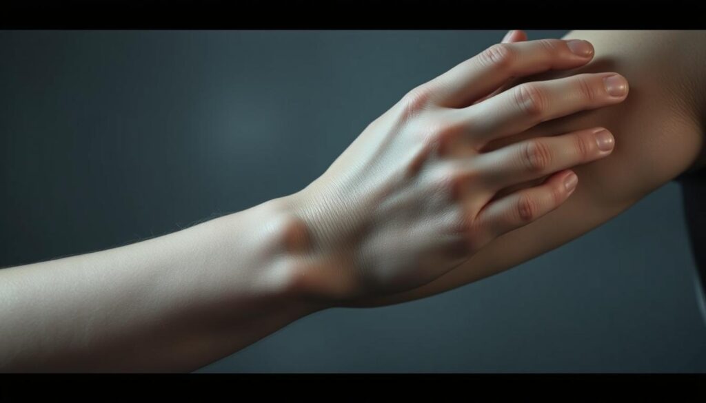 A person's arm with an old, faded tattoo, partially obscured by a hand gently covering it. The lighting is soft and diffused, creating a pensive, introspective mood. The background is blurred, with muted tones that draw the viewer's focus to the central subject. The hand's gesture suggests a desire to conceal or cover up the tattoo, hinting at the personal journey and decision-making process behind a cover-up tattoo.