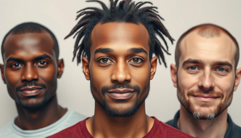 A portrait of three diverse men with thinning hairlines, standing confidently against a soft, diffused background. The subject's expressions convey a sense of self-assurance and comfort with their appearance. Subtle lighting highlights the contours of their faces, creating a warm, natural glow. The composition is balanced, with the men arranged in a way that showcases their individual features and unique facial structures. The overall mood is one of acceptance and celebration of different hair types and styles.