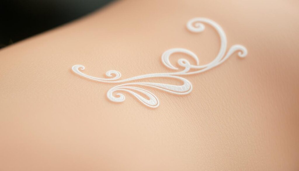 A pristine, close-up view of a delicate white ink tattoo technique, meticulously rendered on smooth, unblemished skin. The design features intricate, flowing patterns that capture the essence of the art form - clean lines, precise shading, and a luminous, almost ethereal quality. Soft, diffused lighting casts gentle shadows, accentuating the subtle textures and highlighting the purity of the white ink. The angle emphasizes the tactile nature of the process, inviting the viewer to appreciate the skill and care required to execute this specialized technique. The overall mood is one of tranquility, elegance, and a reverence for the art of white tattoos.